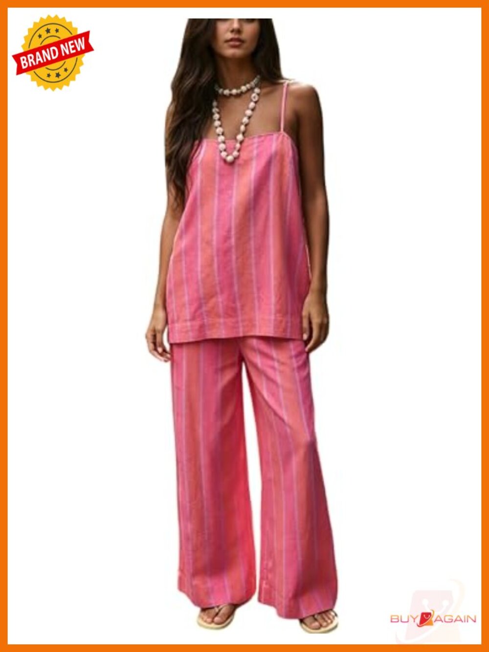 Linen Blend Striped 2 Piece Cami Top Wide Leg Pants Lounge Set Beach Vacation